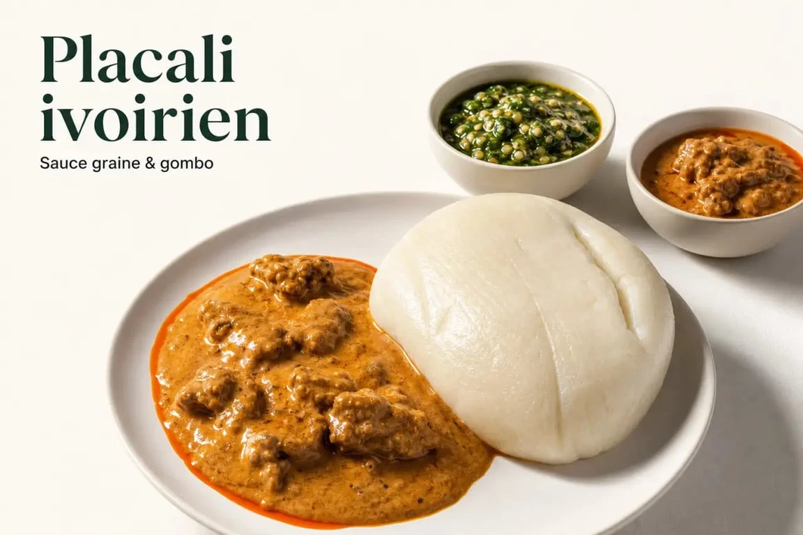 Placali ivoirien servi avec sauce graine et sauce gombo, illustrant le placali