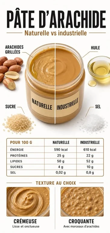 Pâte d'arachide en pot avec comparaison des ingrédients et valeurs nutritionnelles