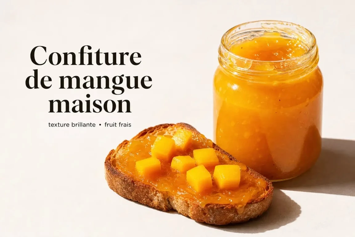 Recette confiture de mangue maison brillante dans un pot en verre avec pain grillé