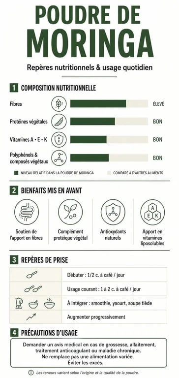 Infographie sur la poudre de moringa : bienfaits, dosage et précautions