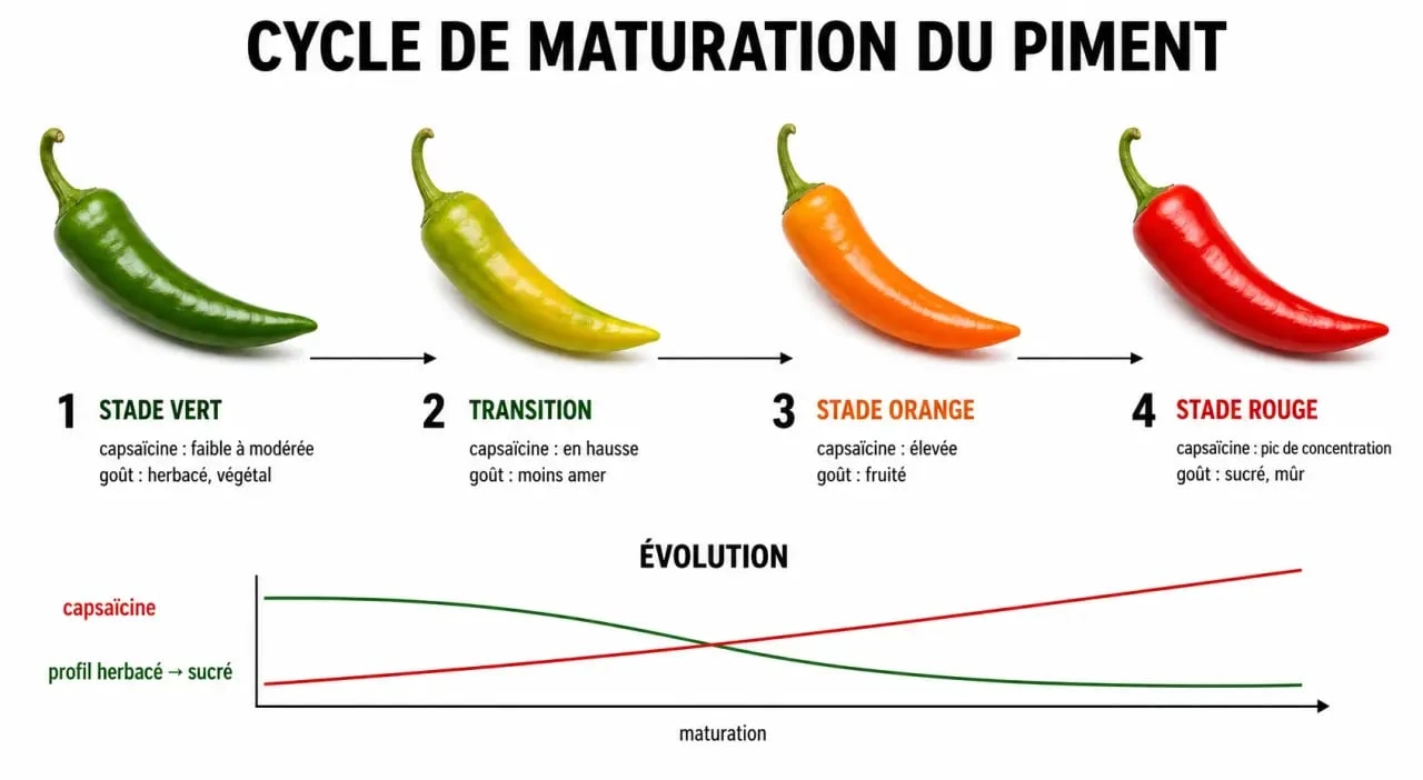 Infographie comparative du cycle de maturation du piment vert au piment rouge et son impact sur le goût et la force