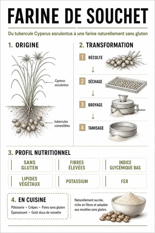 Infographie sur la farine de souchet : origine, valeurs nutritionnelles et usages en cuisine