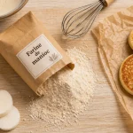 Farine du manioc sans gluten sur table, racine et pancakes