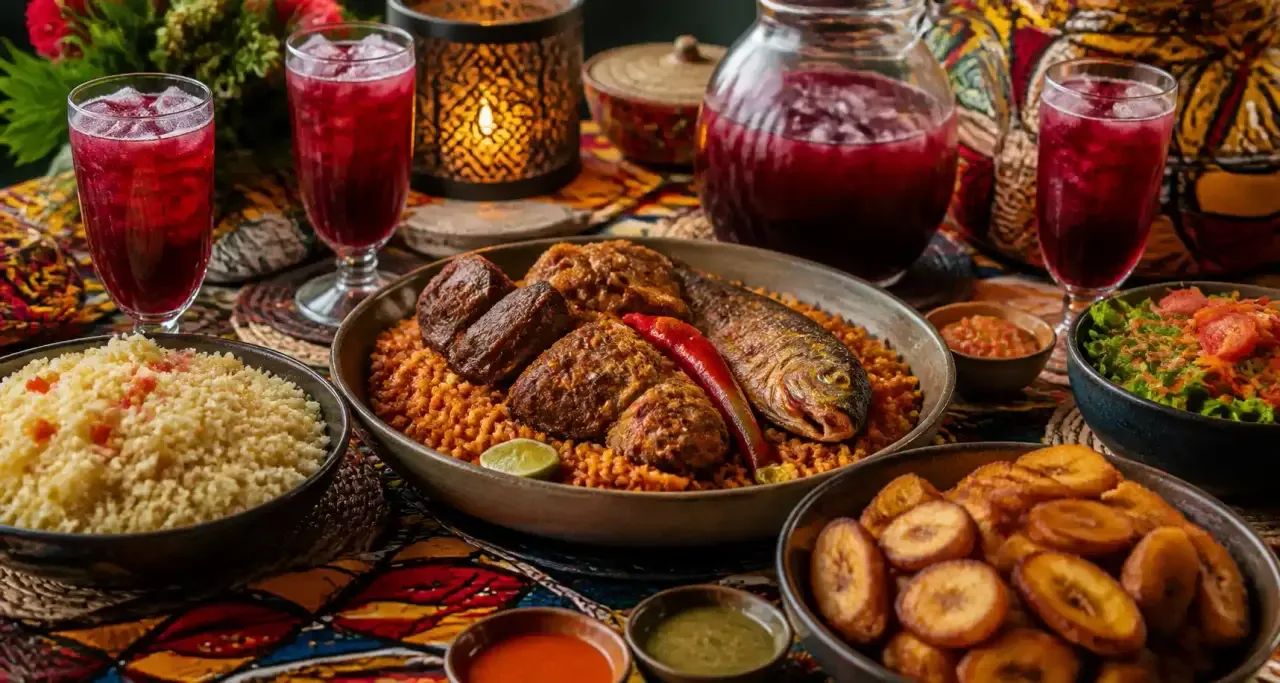 Grand festin africain : thiéboudiène, attiéké et bissap sur une table dressée