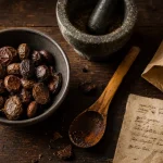 Petit colas : graines de Garcinia kola séchées sur table en bois
