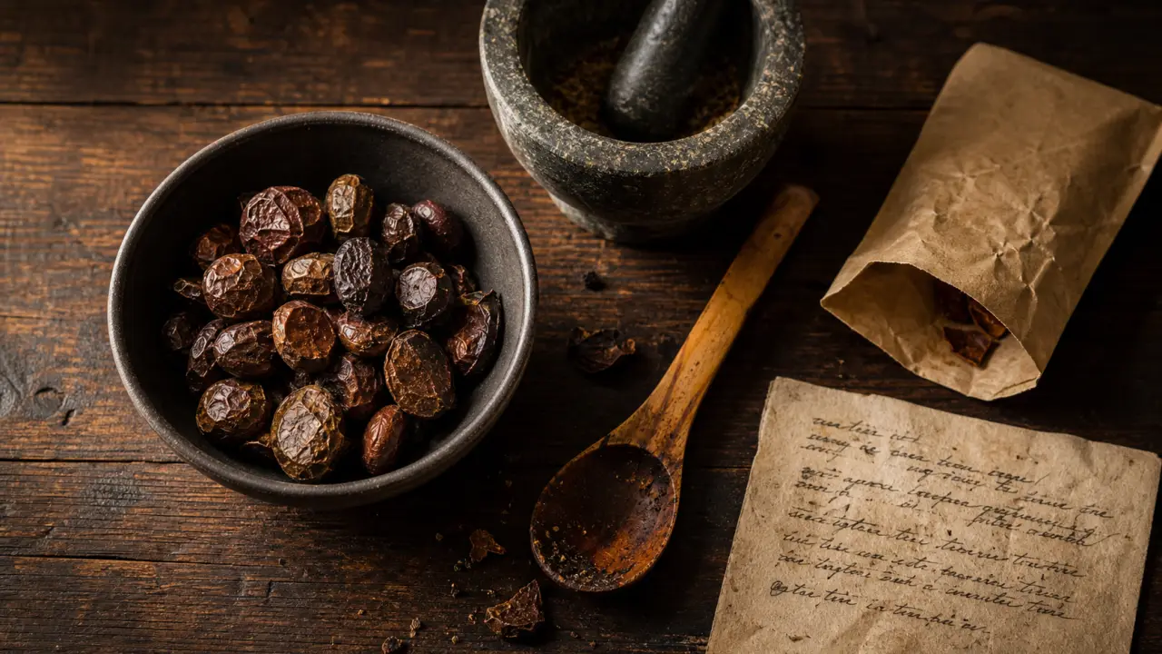 Petit colas : graines de Garcinia kola séchées sur table en bois