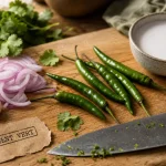 Piments verts frais sur planche de bois, maturité et intensité