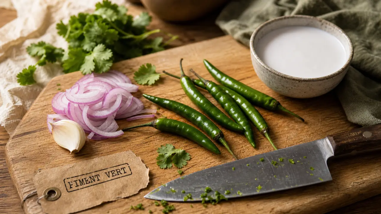 Piments verts frais sur planche de bois, maturité et intensité