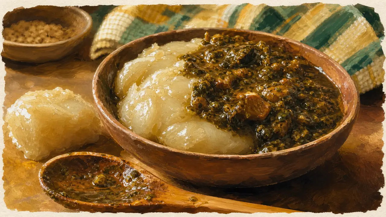 Placali : pâte de manioc fermentée, sauce graine sombre et gombo brillante