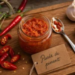 Purée de piment maison dans un bocal, piments et ingrédients