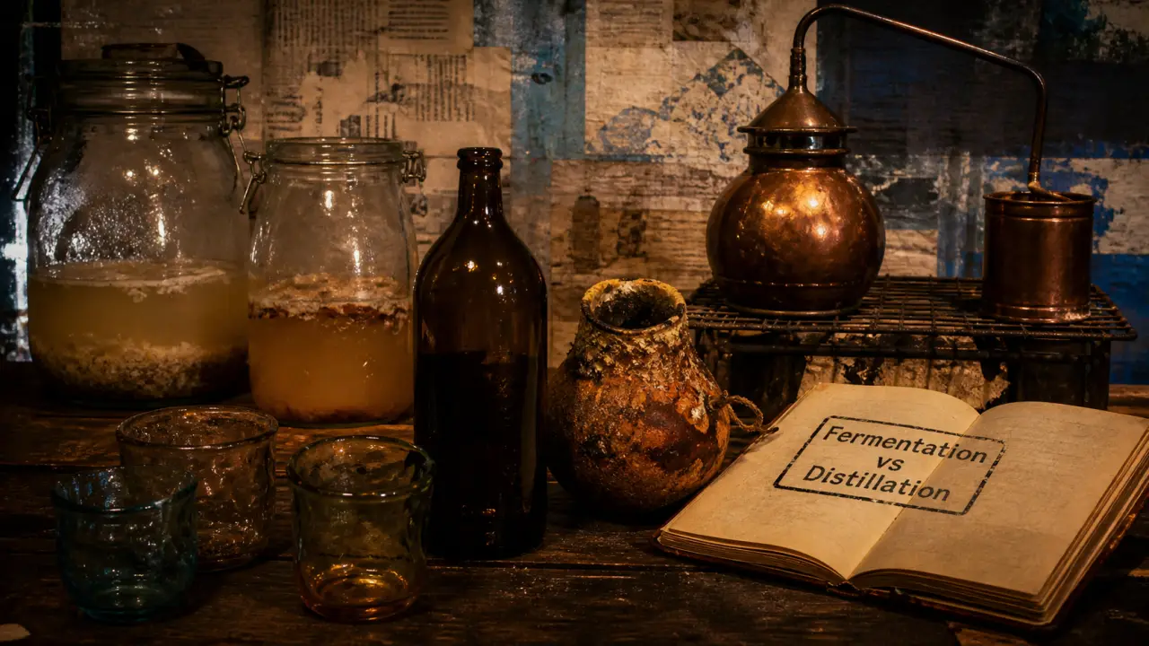 Alcool afrique : verres, calebasse et alambic artisanal pour fermentation et distillation