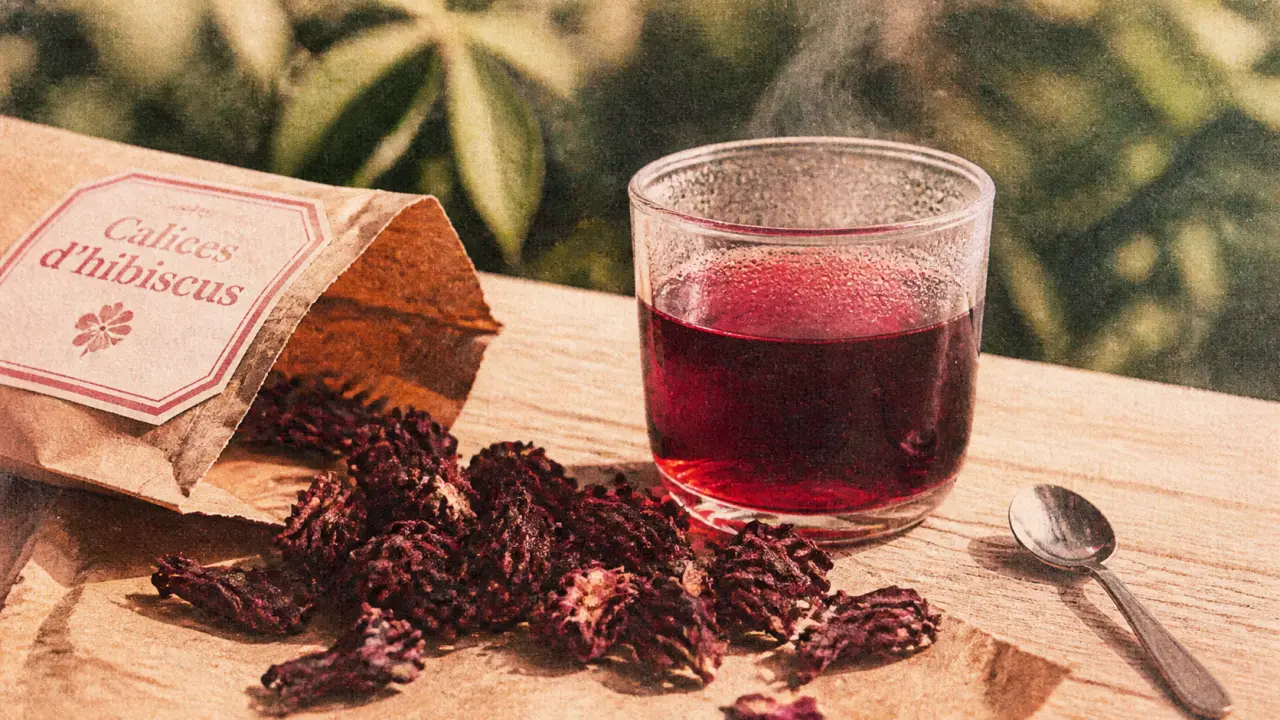 Bissap plante : tasse de boisson rouge aux calices d’hibiscus séchés