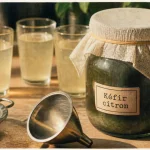 Boisson fermentee kéfir citronné en bocal avec bulles visibles