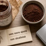 Cacao en poudre non sucré, pot en verre et étiquette sans sucre ajouté non alcalinisé