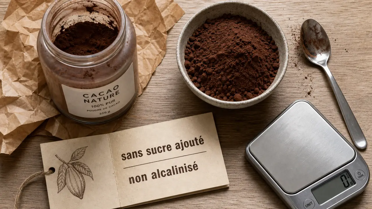 Cacao en poudre non sucré, pot en verre et étiquette sans sucre ajouté non alcalinisé