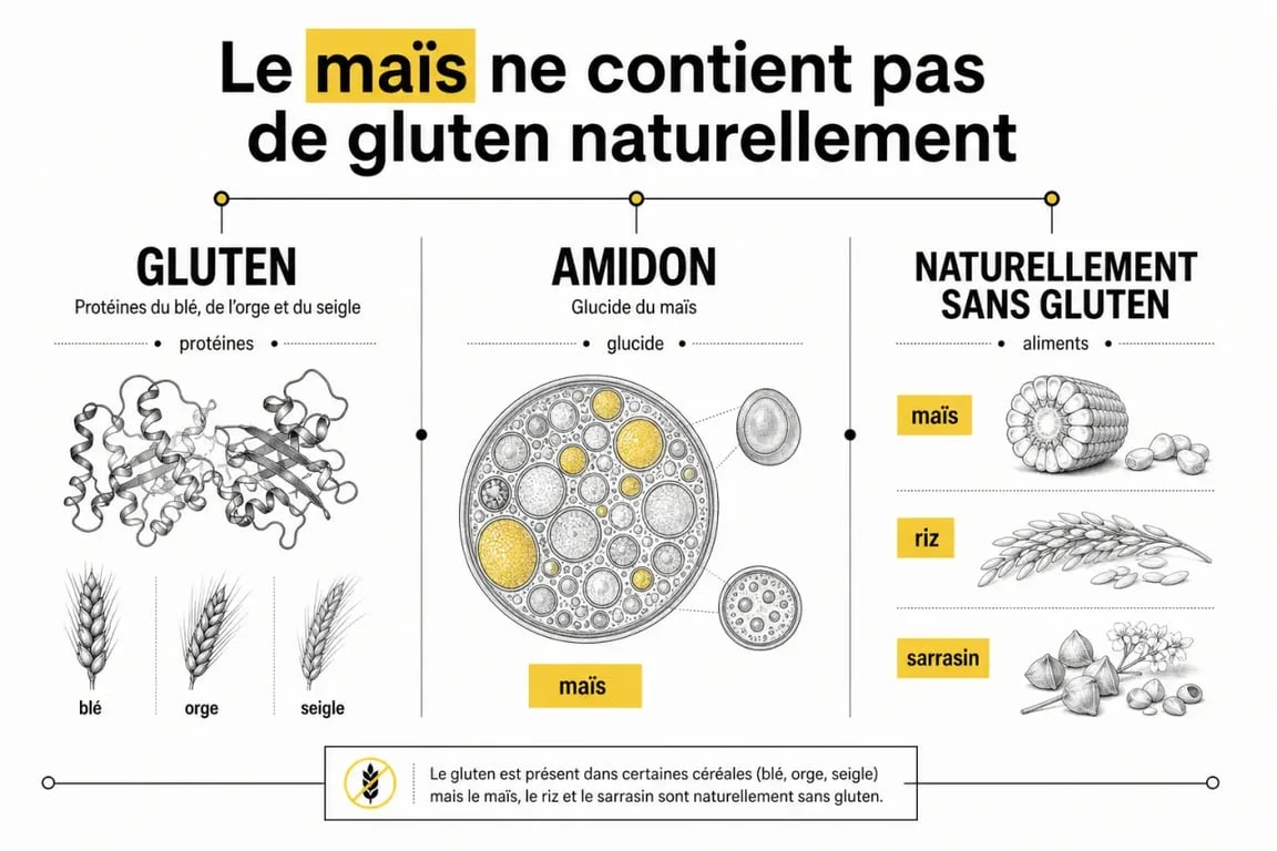 Gluten dans le maïs : schéma comparatif entre gluten, amidon et céréales sans gluten