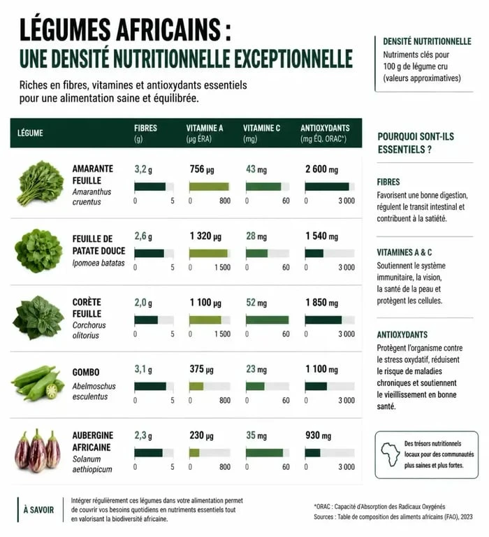 Infographie sur les bienfaits nutritionnels et la densité en vitamines du légume africain