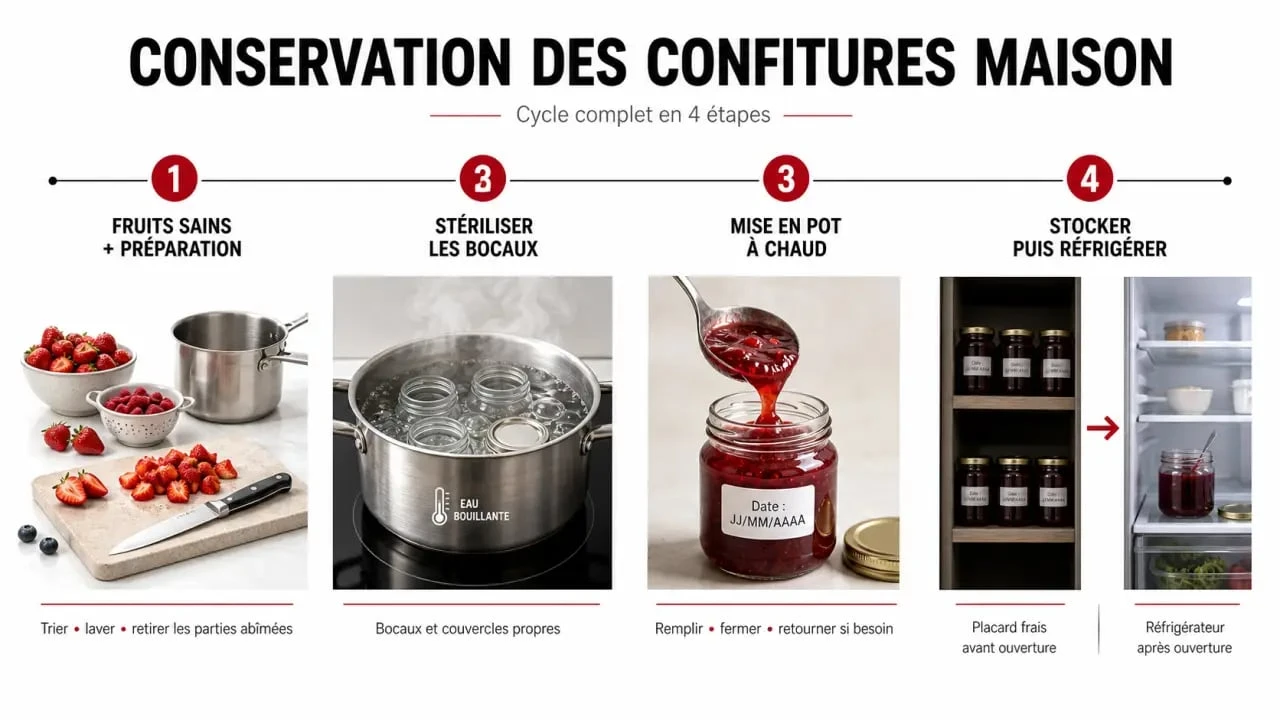 Conservation des confitures maison : cycle visuel des bonnes pratiques, de la stérilisation des pots au stockage au réfrigérateur après ouverture