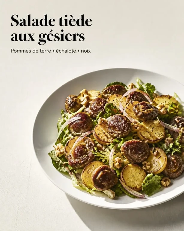 Salade tiède aux gésiers de poulet, recette de gésier de poulet dressée dans une assiette blanche