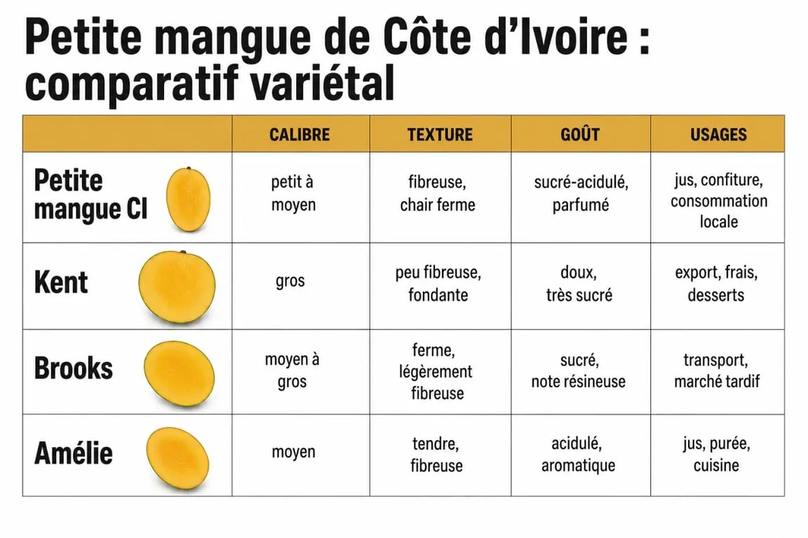 Comparatif de la petite mangue Côte d'Ivoire avec Kent, Brooks et Amélie