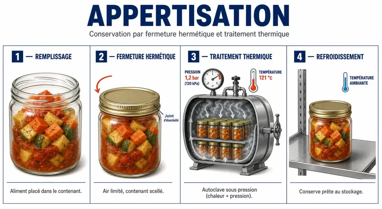 Appertisation définition : schéma des 4 étapes du procédé de conservation des aliments