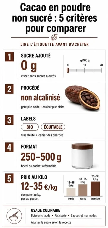 Infographie sur le cacao en poudre non sucré avec critères de choix, labels et prix