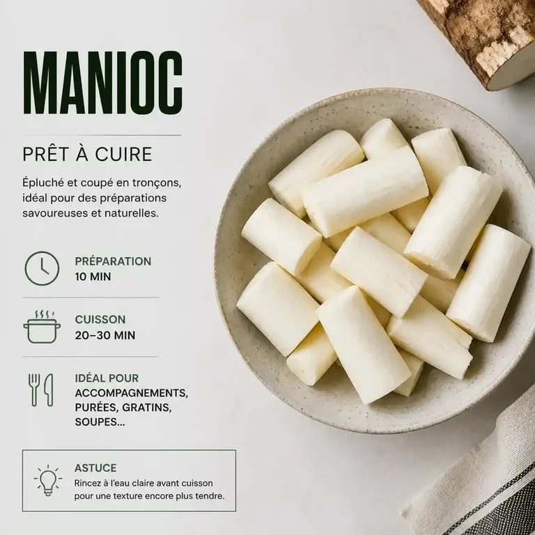Préparation du manioc cuit : tronçons de tubercule épluchés sur un plan de travail.