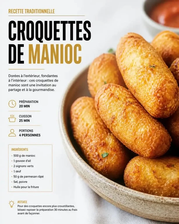 Croquettes de manioc cuit dorées et croustillantes dans une assiette.