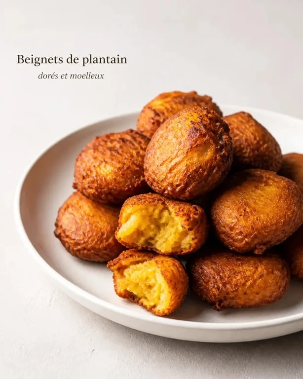 Beignets de banane plantain dorés et moelleux, servis tièdes sur une assiette sobre