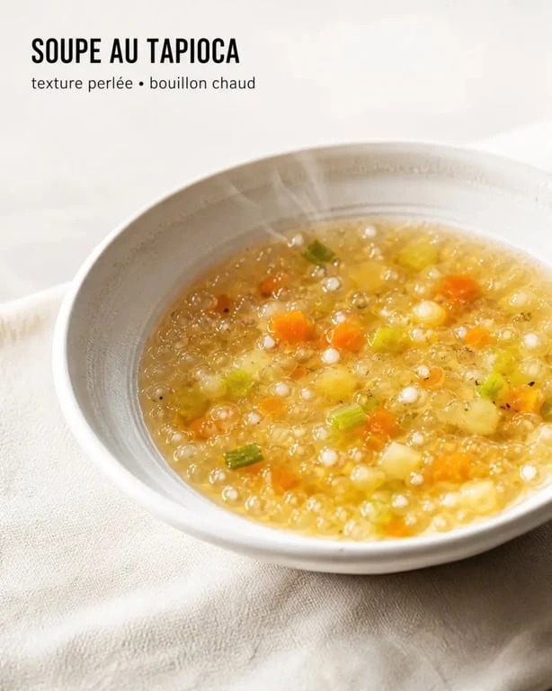 Soupe au tapioca servie chaude dans un bol, avec texture perlée visible et légumes fondants