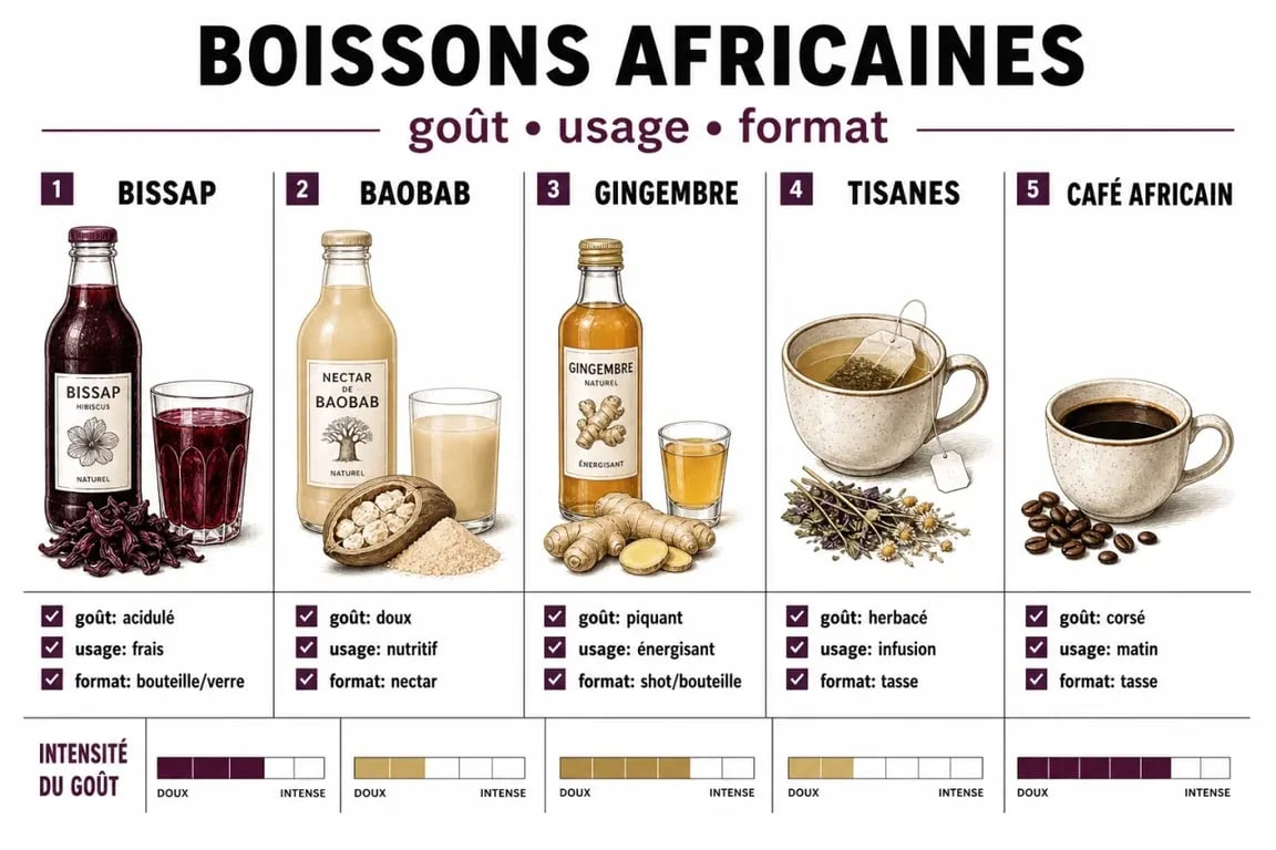Boissons africaine : comparaison visuelle du bissap, du baobab, du gingembre, des tisanes et des cafés africains