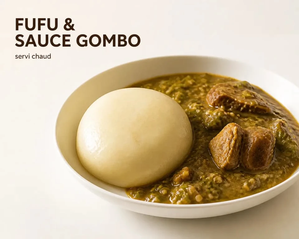 Fufu plat traditionnel servi avec sauce gombo dans une assiette creuse