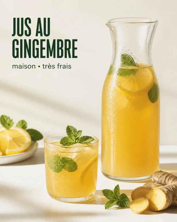 Jus au gingembre maison servi frais avec citron et menthe