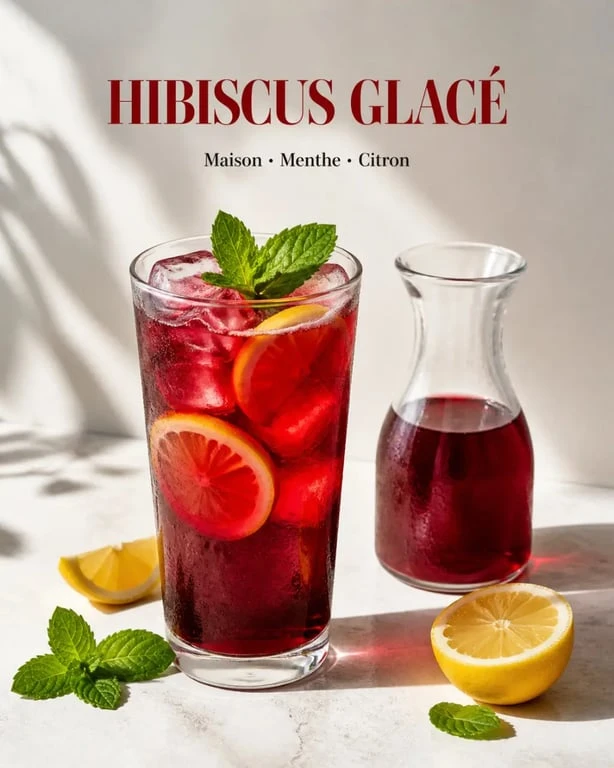 Boisson hibiscus servie froide avec menthe et citron