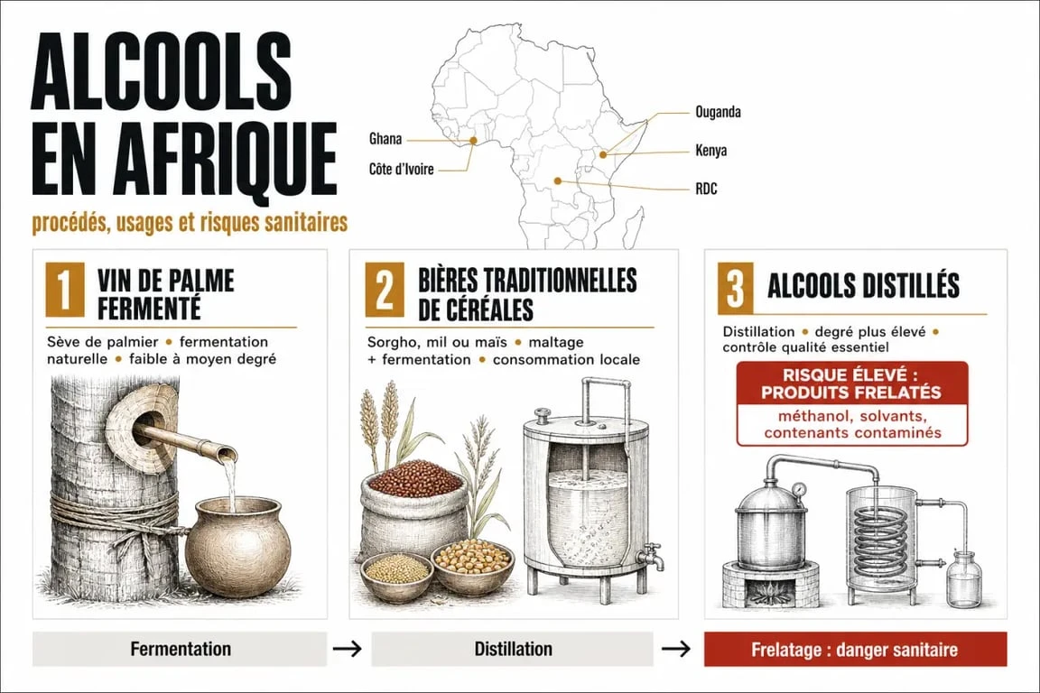 Infographie de l’alcool afrique comparant vin de palme, bières traditionnelles et alcools distillés par pays