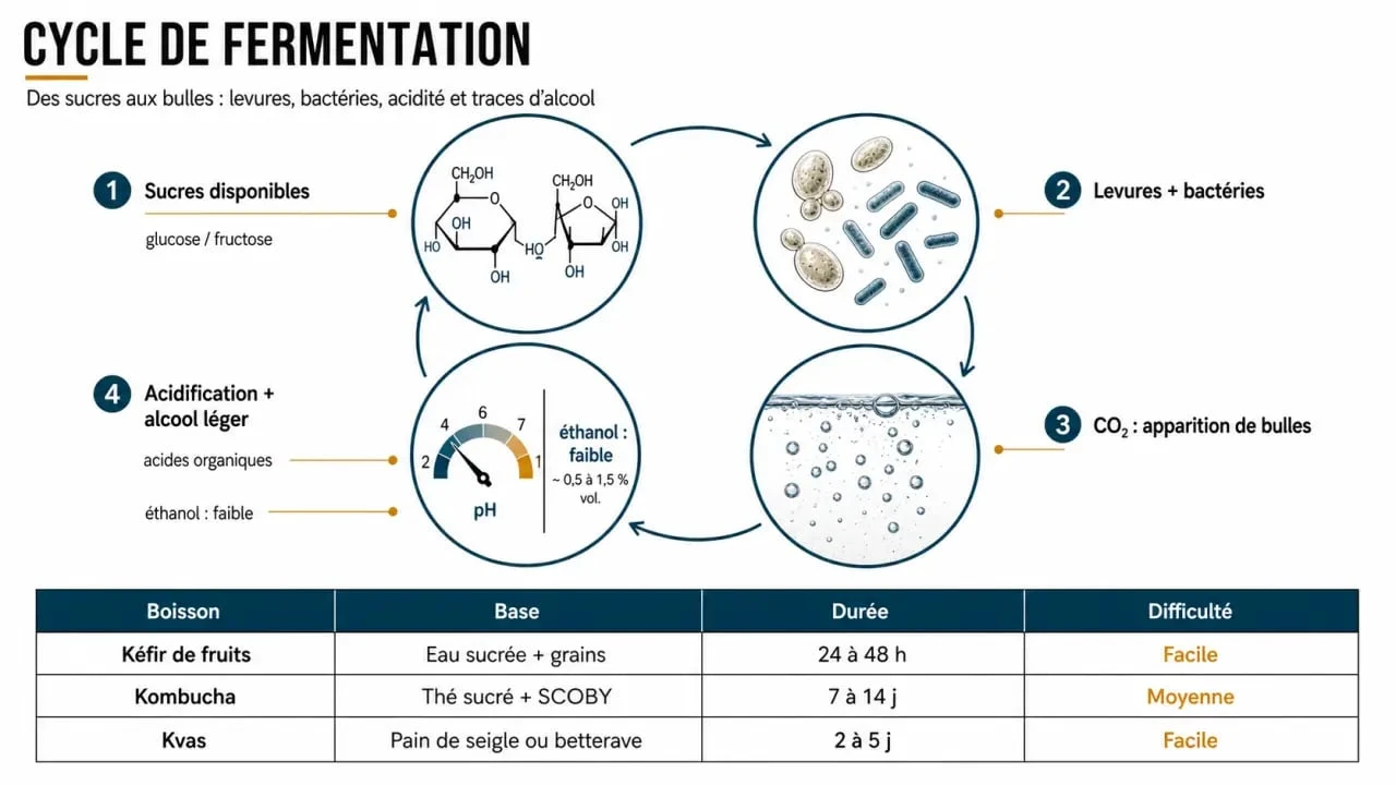 Schéma éditorial d’une boisson fermentee montrant le cycle de fermentation, avec comparatif du kéfir, du kombucha et du kvas