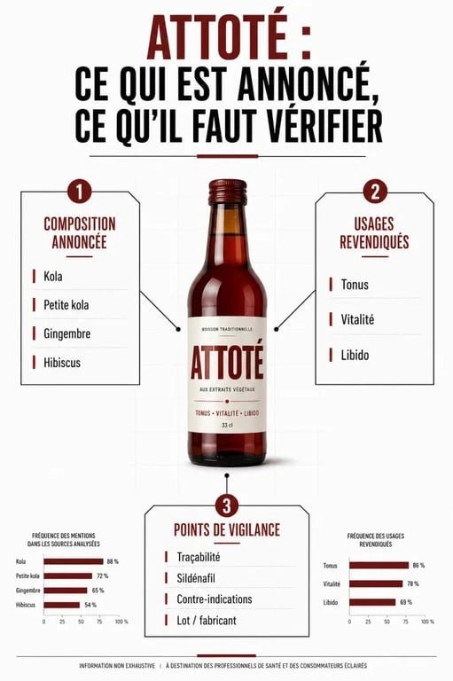 attote boisson : infographie éditoriale sur la composition, les usages annoncés et les précautions