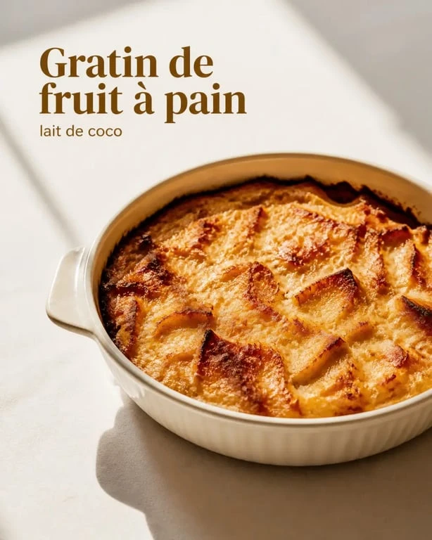 Fruit à pain recette : gratin au lait de coco doré dans un plat familial