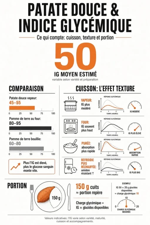 Patates douces indice glycemique : visuel comparatif de l’IG, de la cuisson et du contraste avec la pomme de terre
