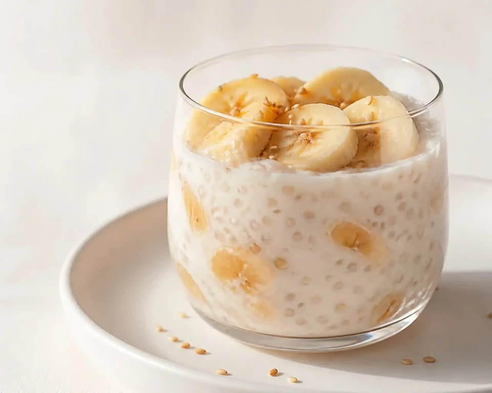 Tapioca lait de coco servi en verrine avec bananes mûres et graines de sésame grillées