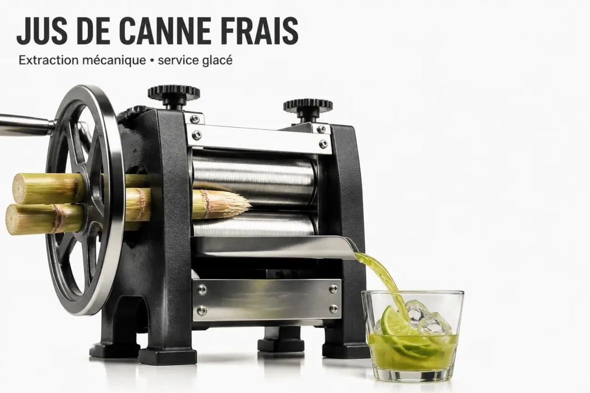 Jus de canne à sucre fraîchement extrait avec presse mécanique et verre glacé