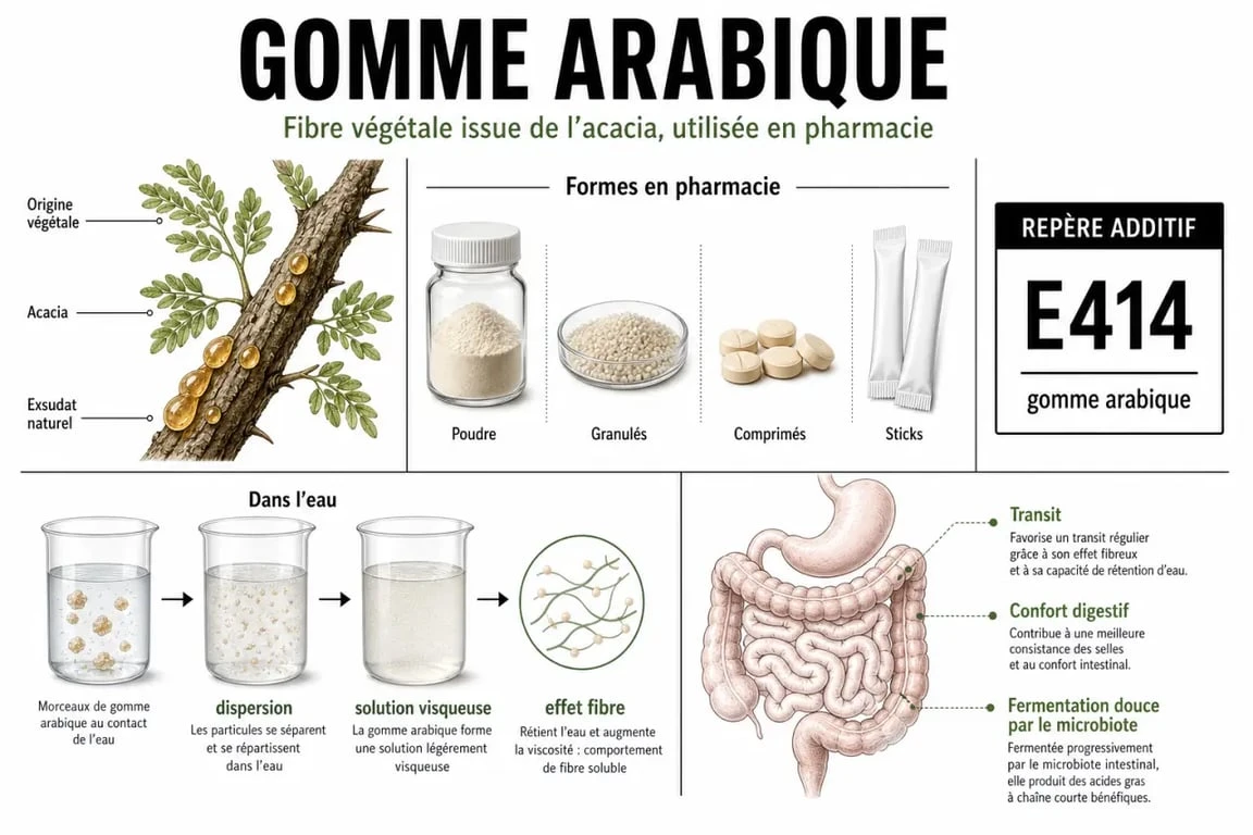 Gomme arabique en pharmacie : visuel explicatif sur l’origine, les formes et les usages digestifs