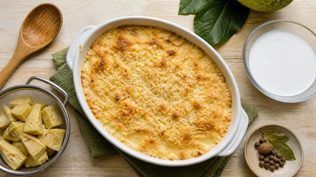 Fruit à pain recette salée : gratin au lait de coco, 190 degrés et texture fondante