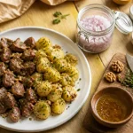 Salade tiède de gésier de poulet, herbes et noix