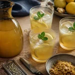Photo de jus au gingembre maison, carafe et verres avec citron