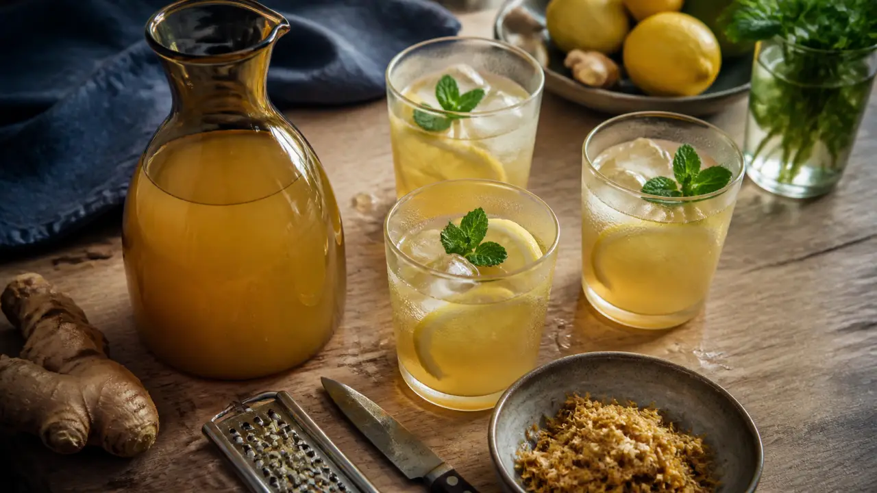 Photo de jus au gingembre maison, carafe et verres avec citron