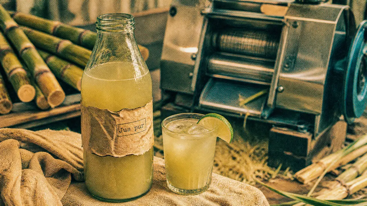 Jus de canne a sucre frais dans un verre glacé, glaçons et citron vert