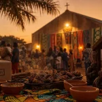Noël africain : table dehors, braai fumant, crèche et familles en fête