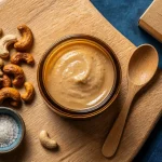 Purée noix de cajou maison en bocal, cuillère et noix de cajou