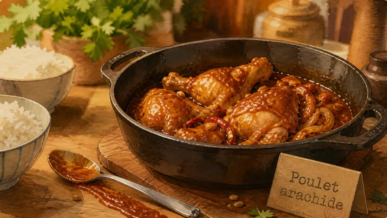 Recette africaine au poulet : poulet arachide sauce tomate, oignons et piment